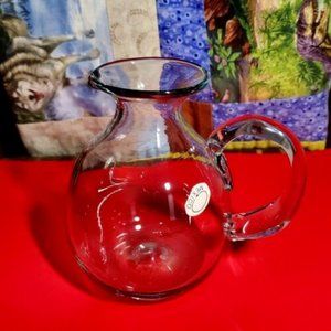 Mexico Handblown Clear Glass Pitcher Applied Clear Handle 5 inch Pre-Owned